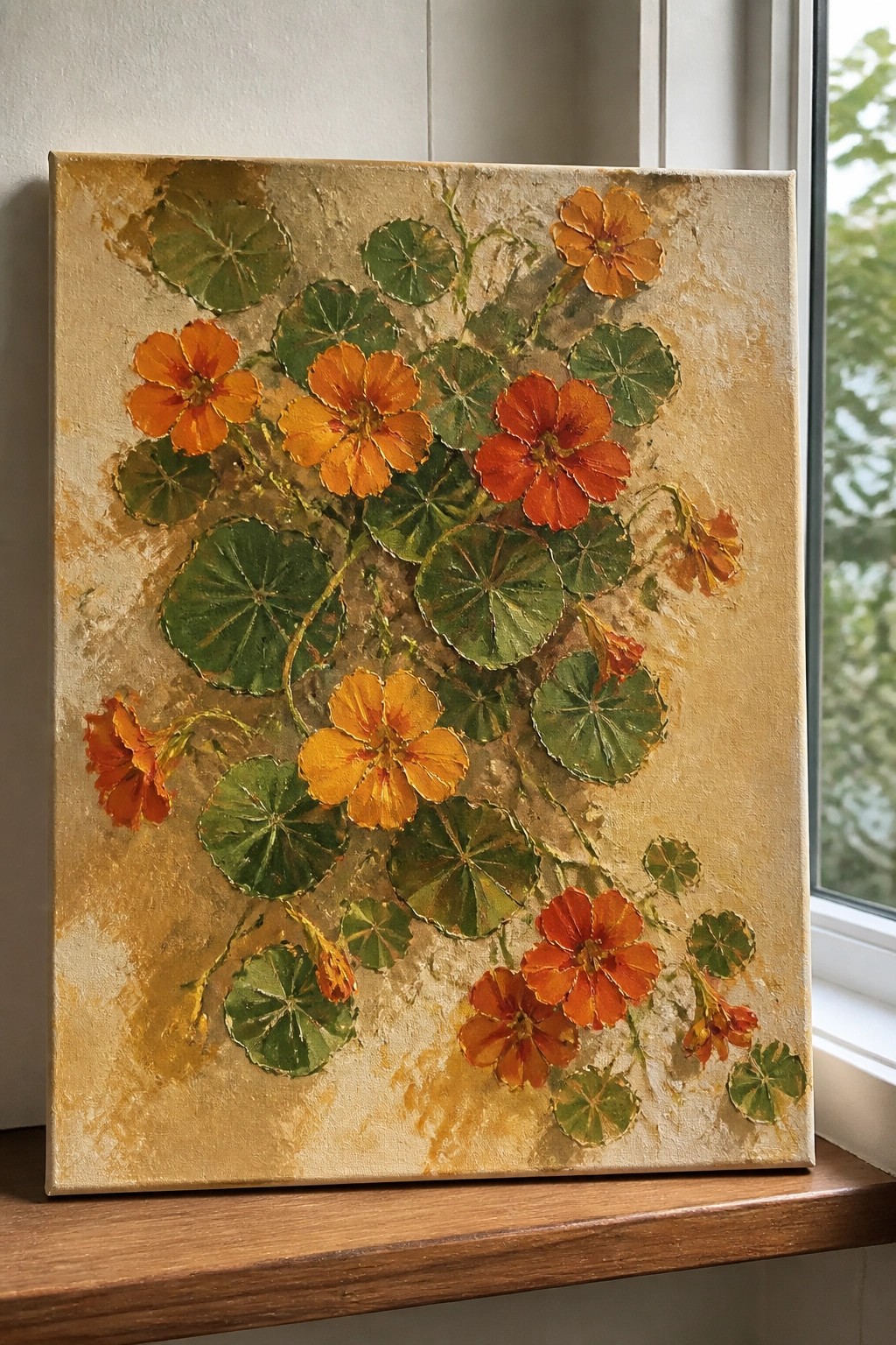 Impasto painting of orange nasturtiums with round green leaves on textured beige canvas.