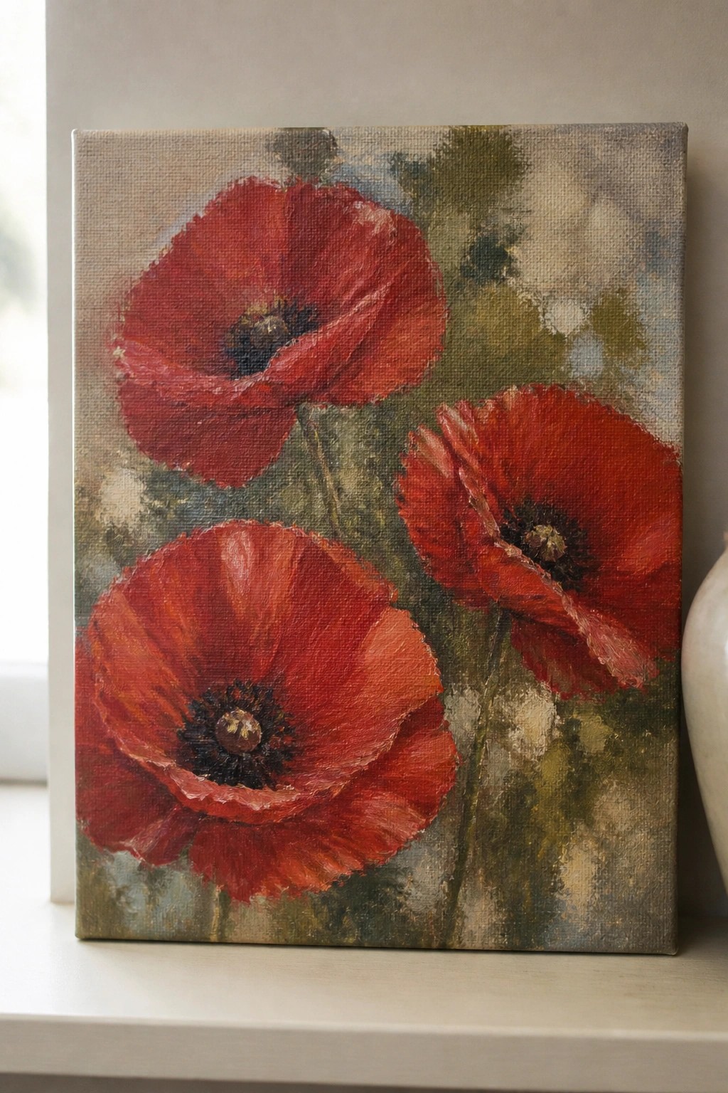 Three red poppies with dark centers in an impressionistic canvas painting