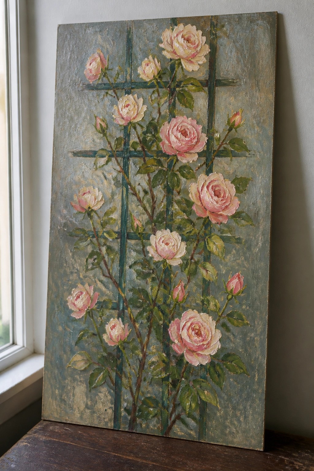 Pink roses climbing green trellis on aged blue canvas leaning near window.