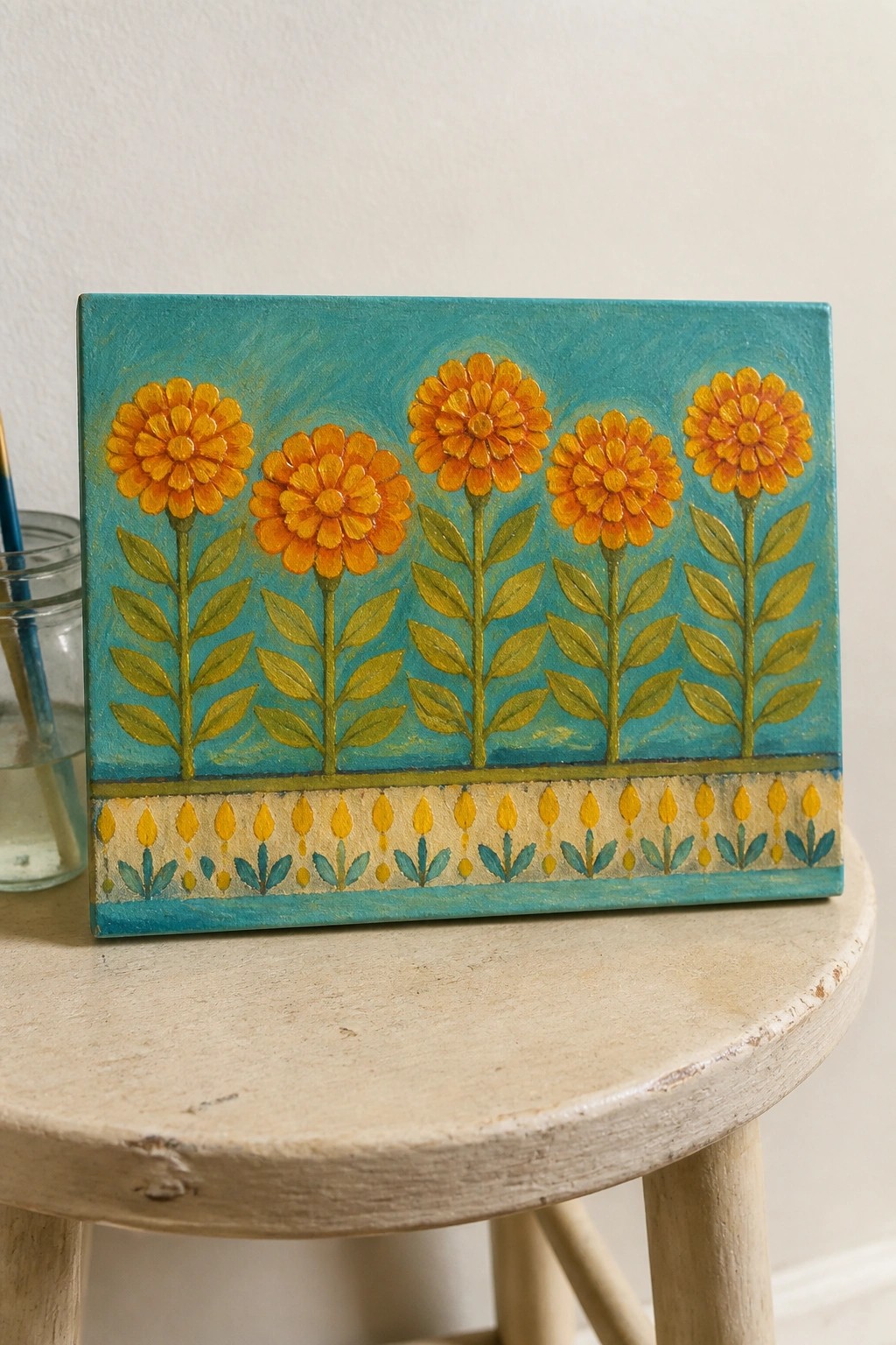 Orange flowers on teal canvas with decorative border atop wooden stool