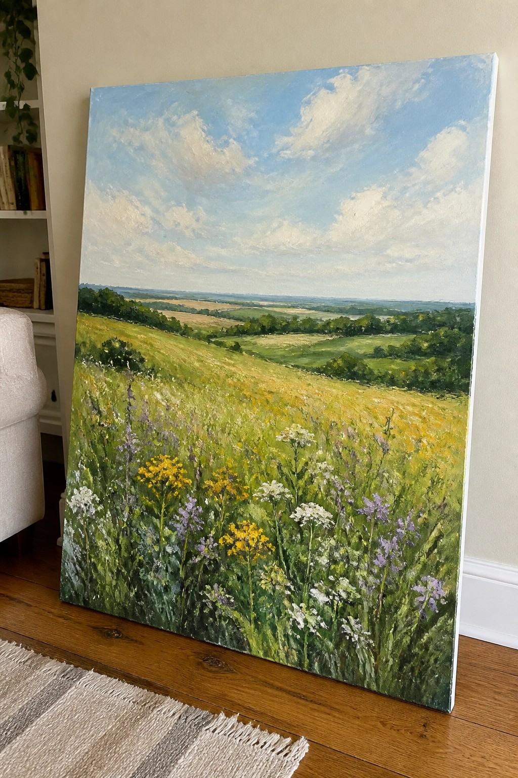 Large painting of wildflower meadow under blue skies leaning indoors on wall.