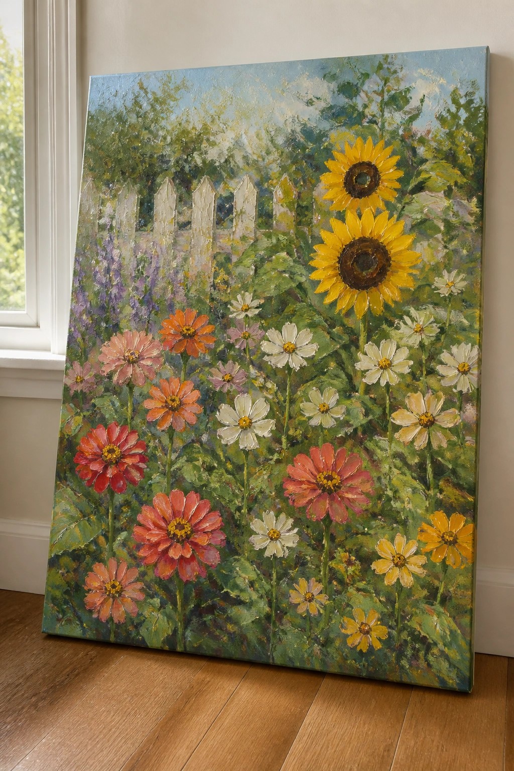 Vibrant oil painting of sunflowers, zinnias and daisies by white picket fence