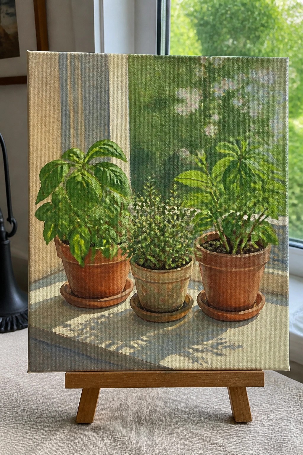Three potted plants on sunlit windowsill, oil painting on canvas with striped border.