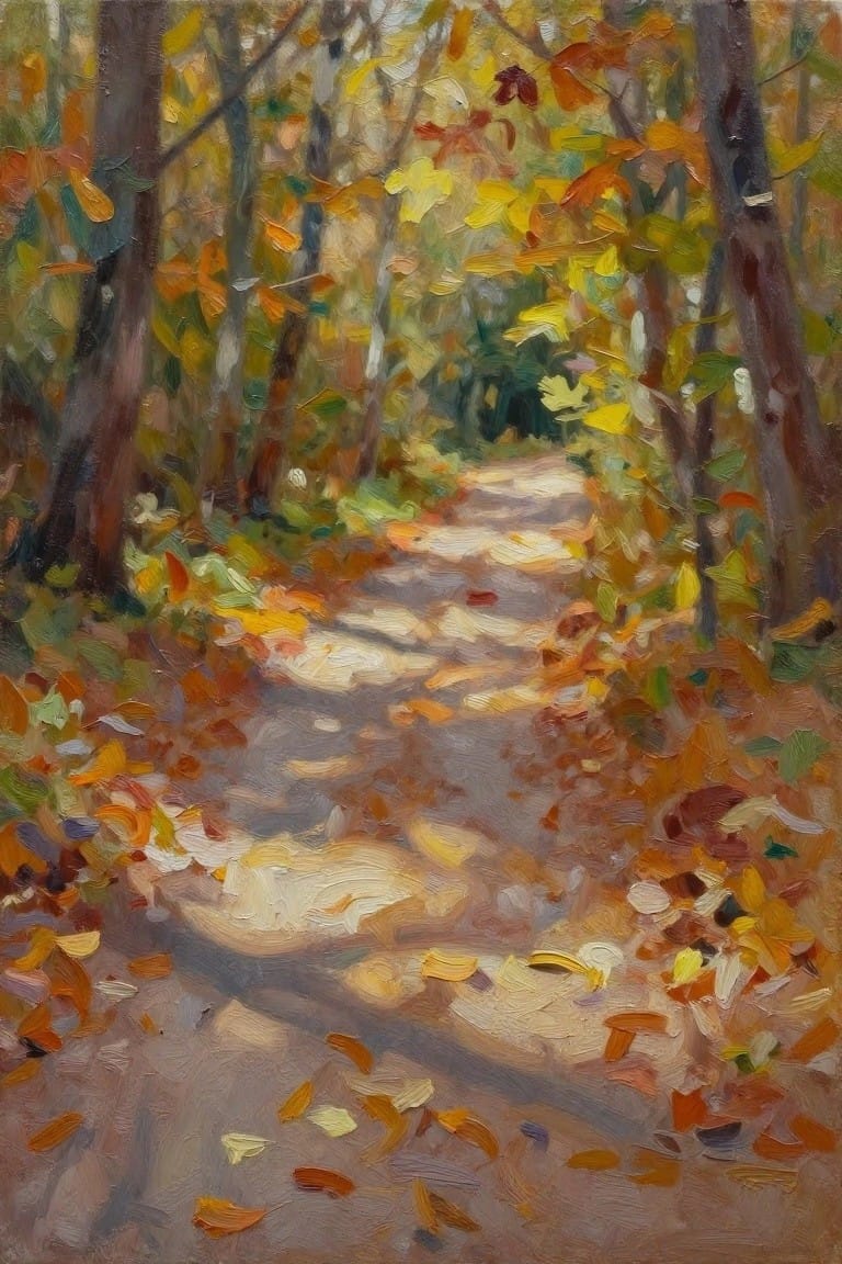 Winding sunlit path through autumn forest strewn with colorful fallen leaves