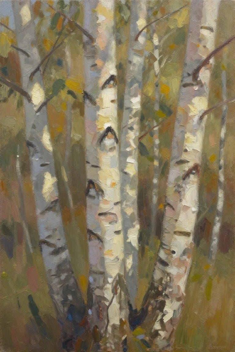 Impressionistic oil painting of white birch trunks amid colorful autumn foliage.