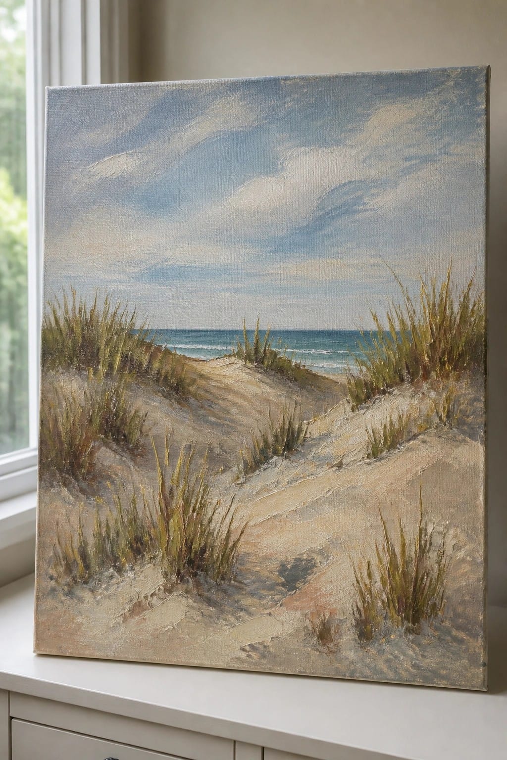 Painting of sandy dunes with sea grass overlooking ocean under cloudy sky