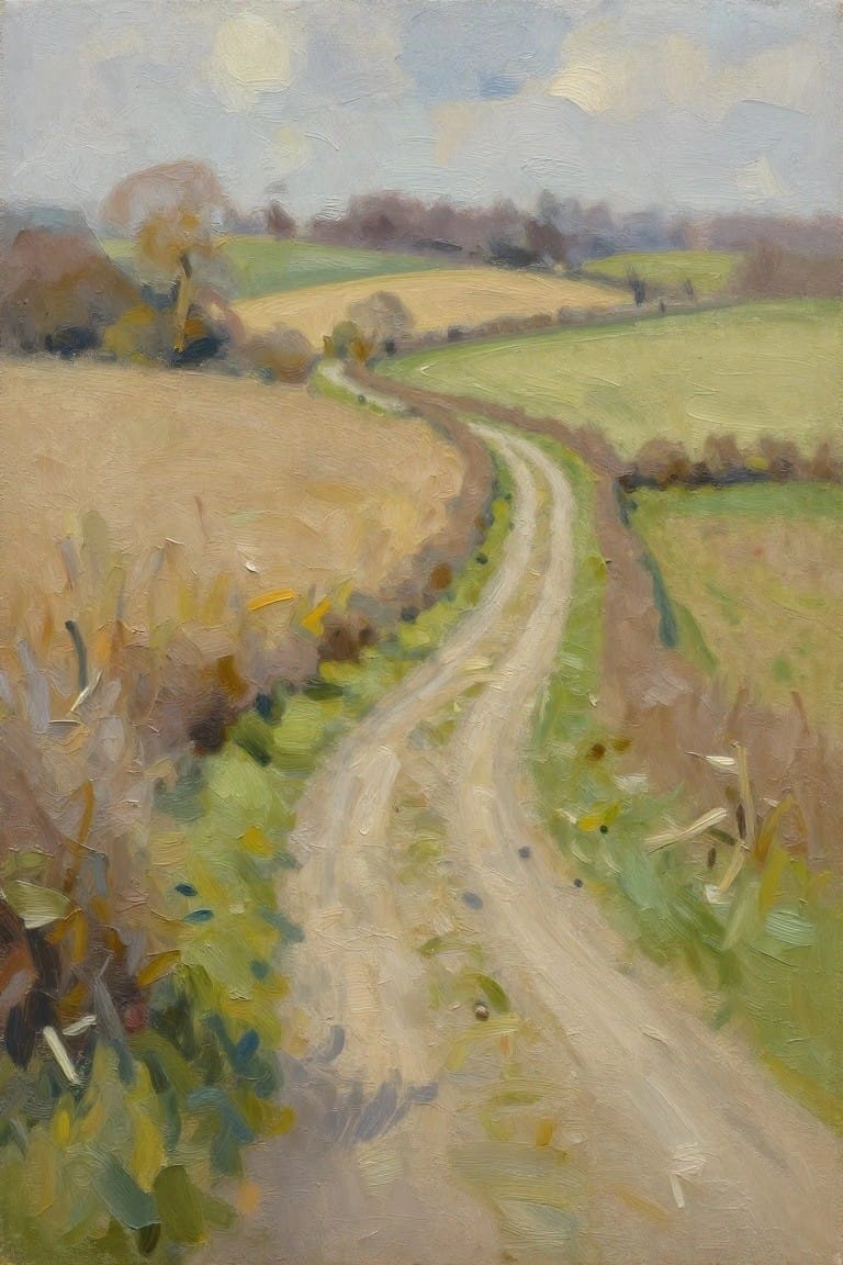 Impressionist painting of winding dirt path through green and brown fields.