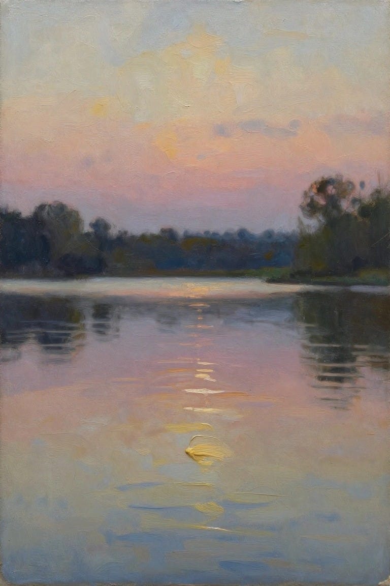 Impressionist painting of calm water reflecting a pink-orange sunset sky with trees.