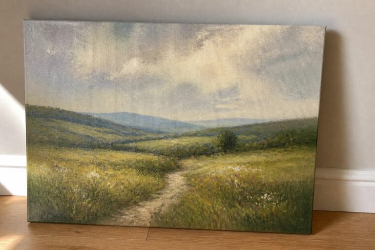 Oil painting of winding dirt path through wildflower meadow with distant green hills