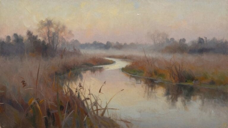 19 Loose Landscape Oil Painting Ideas to Create Soft Painterly Effects Impressionistic landscape of winding creek through misty autumn reeds at dawn.
