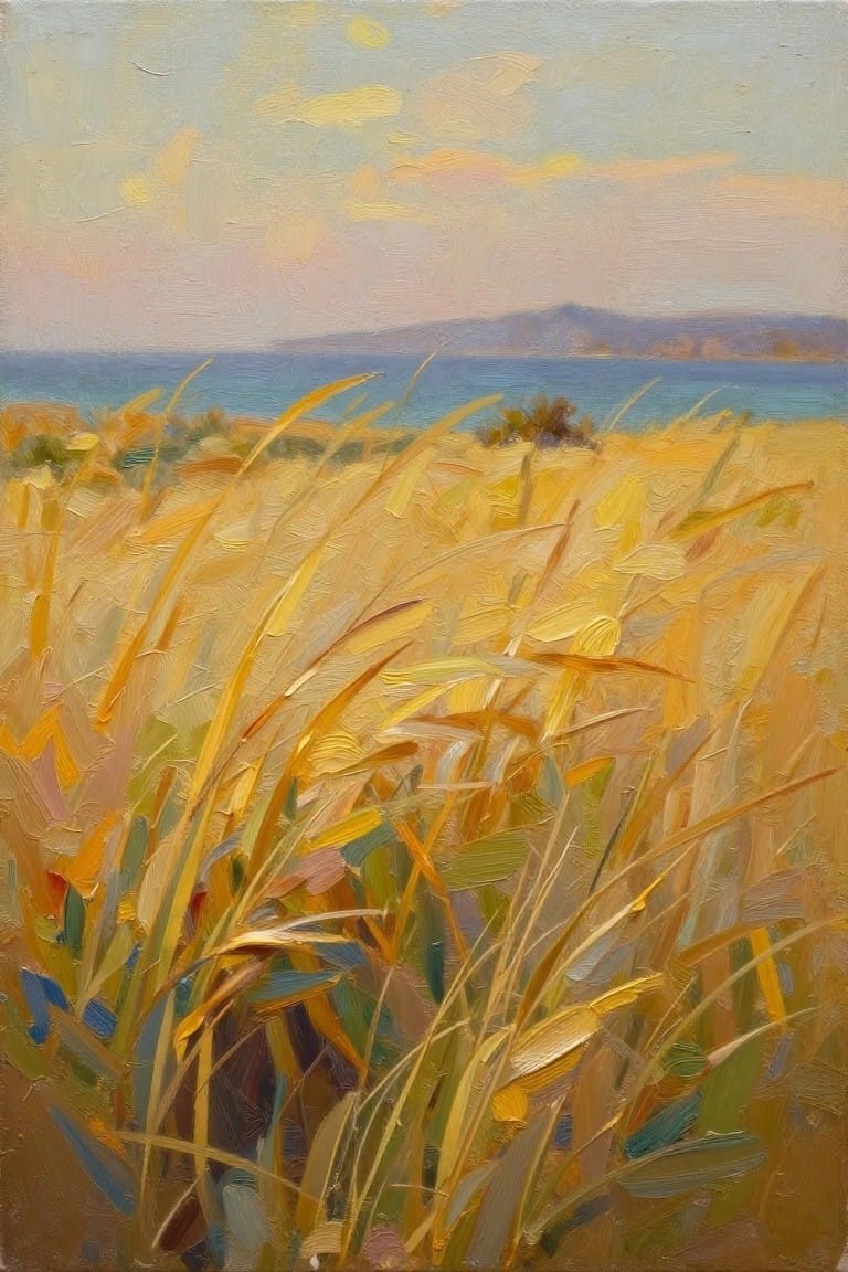 Swaying golden wheat field by the sea with distant hills at sunset