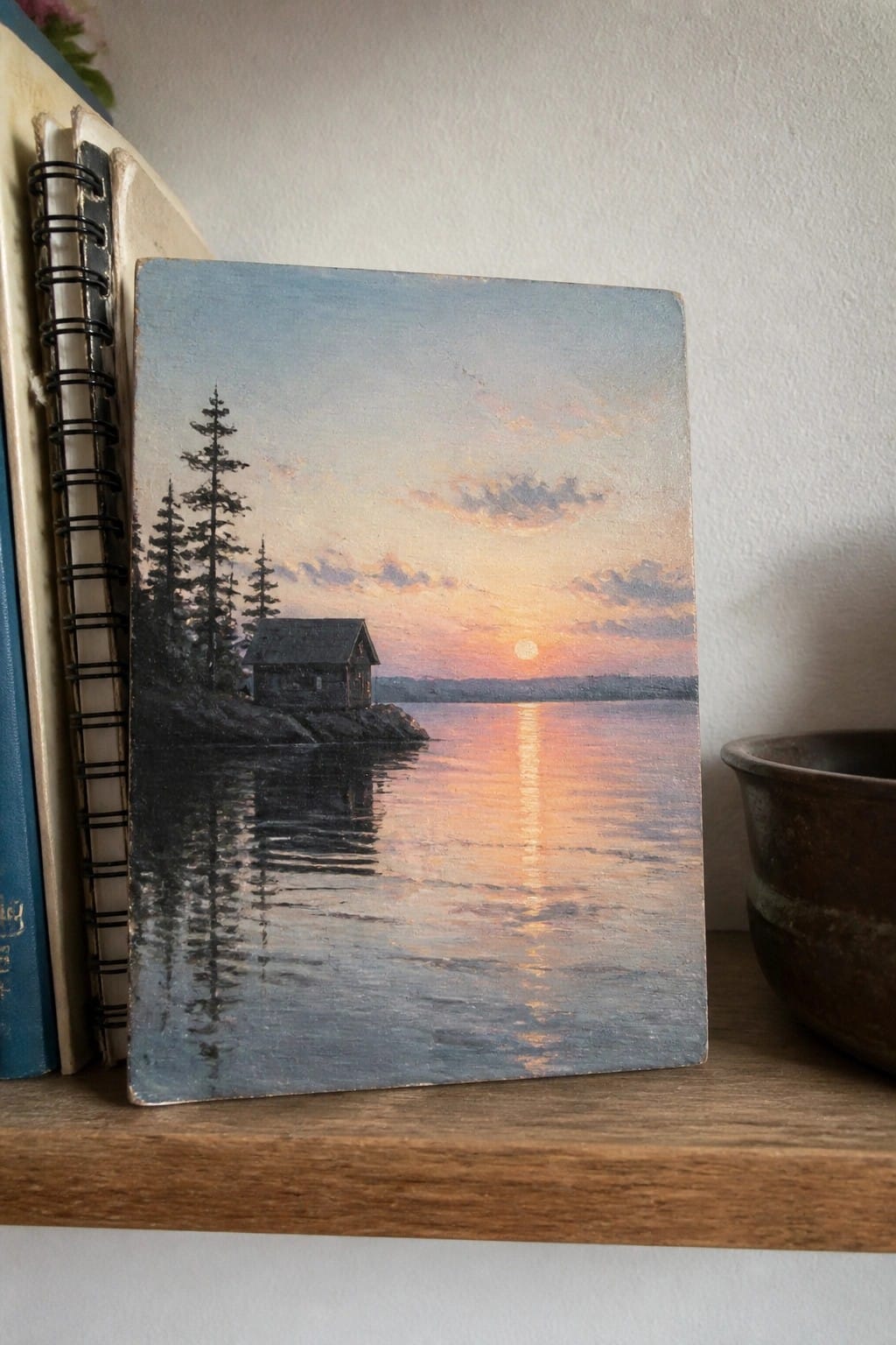 Small painting of sunset over lake with cabin and trees on wooden shelf beside notebook.