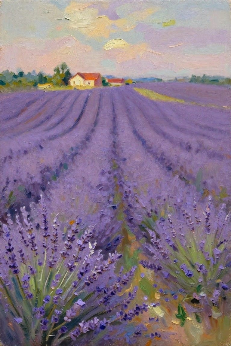 Impressionist painting of lavender rows leading to a red-roofed house under a pastel sky.