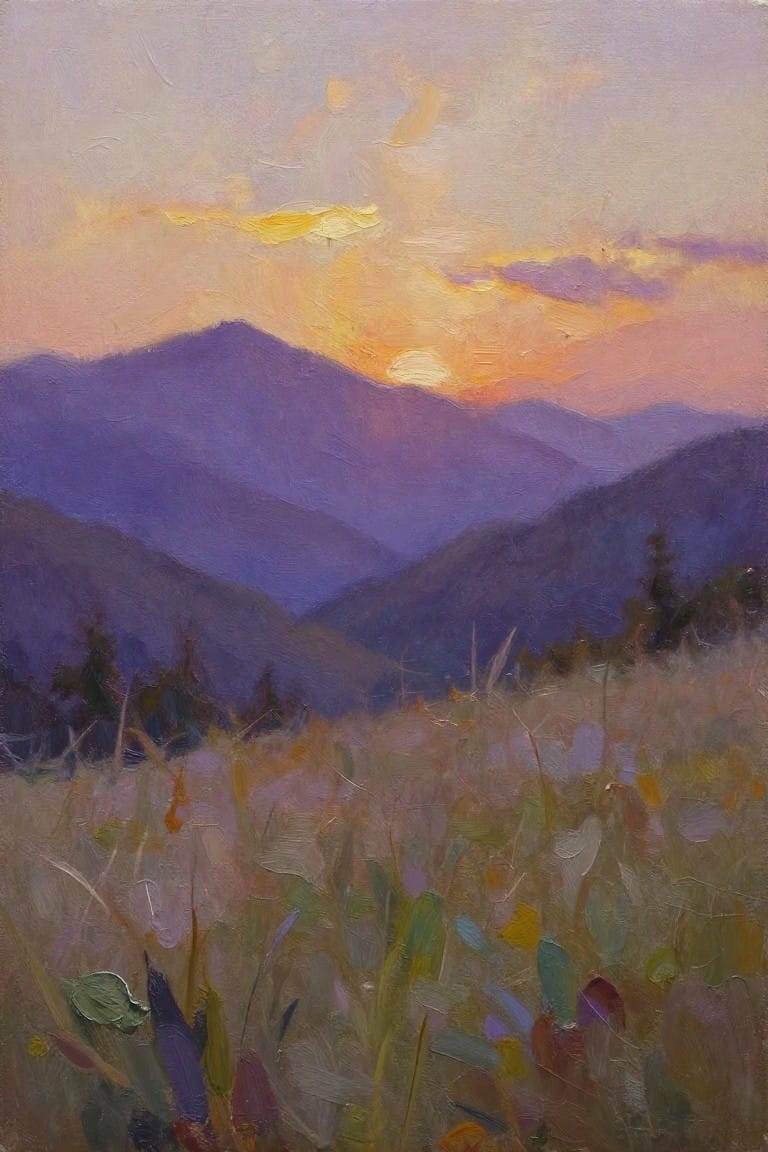 Loose oil painting of layered purple mountains under an orange and yellow sunset sky with a textured meadow of wildflowers in the foreground.