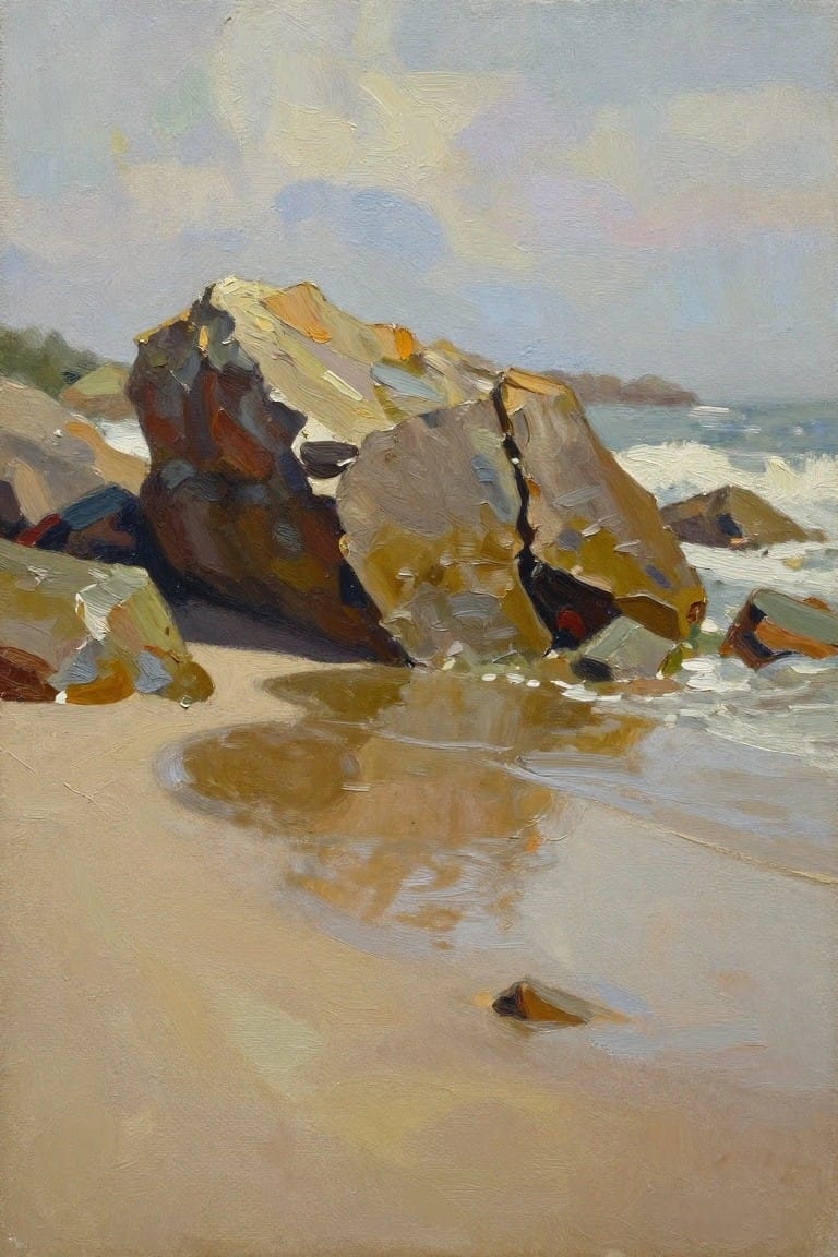 Oil painting of large rocks on wet beach sand with ocean waves under clouds