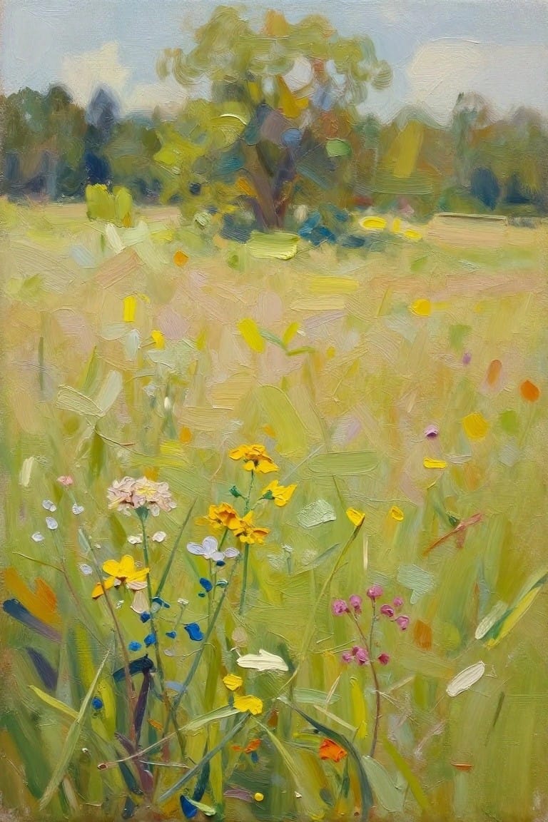 Impressionistic painting of yellow wildflowers blooming in a green meadow with trees