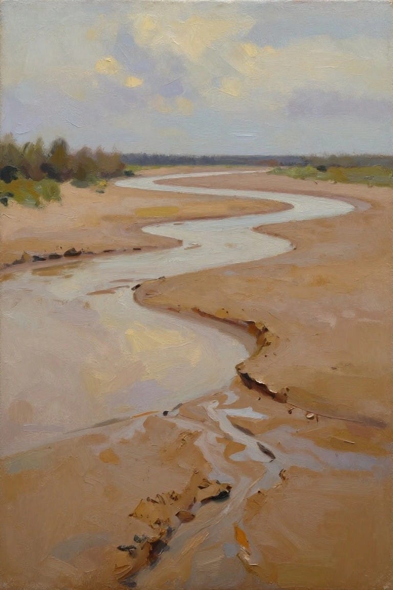Winding river curving through sandy banks under cloudy sky, oil painting