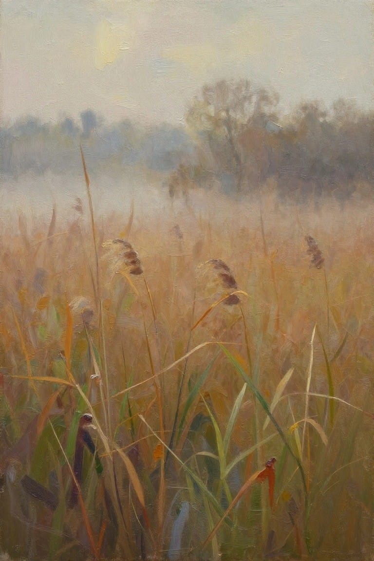 Misty golden reeds in a foggy autumn field, soft impressionistic painting