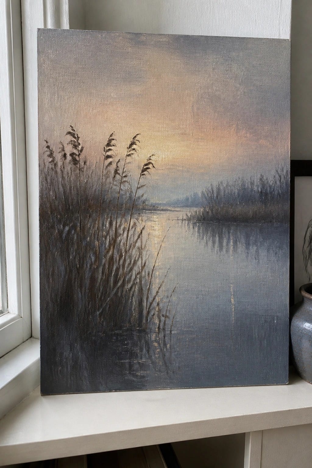 Painting of tall reeds by a misty lake reflecting a warm sunset sky.