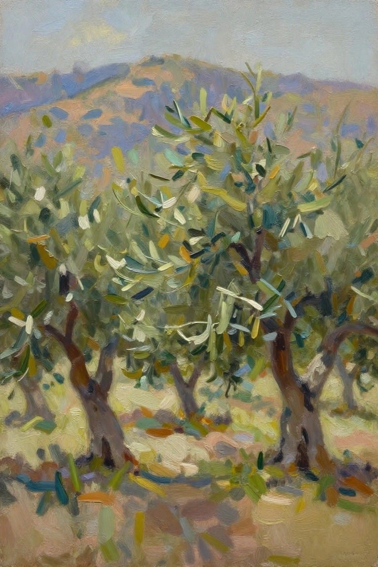 An oil painting of several olive trees with green and yellow leaves in a hilly landscape with soft brushstrokes.