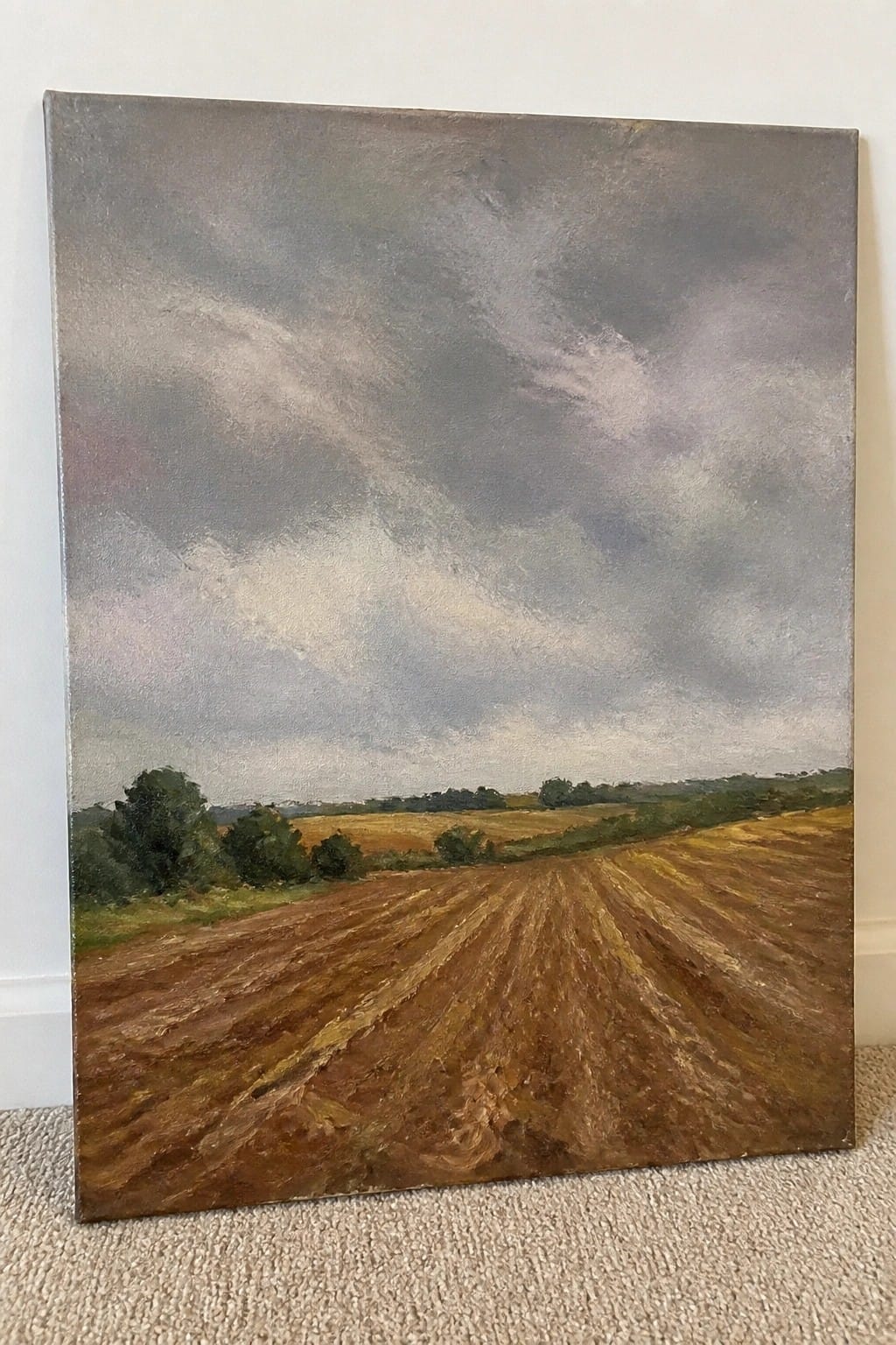 An oil painting of a plowed brown field receding into the distance beneath a large gray and white cloudy sky, with green trees visible on the left horizon.
