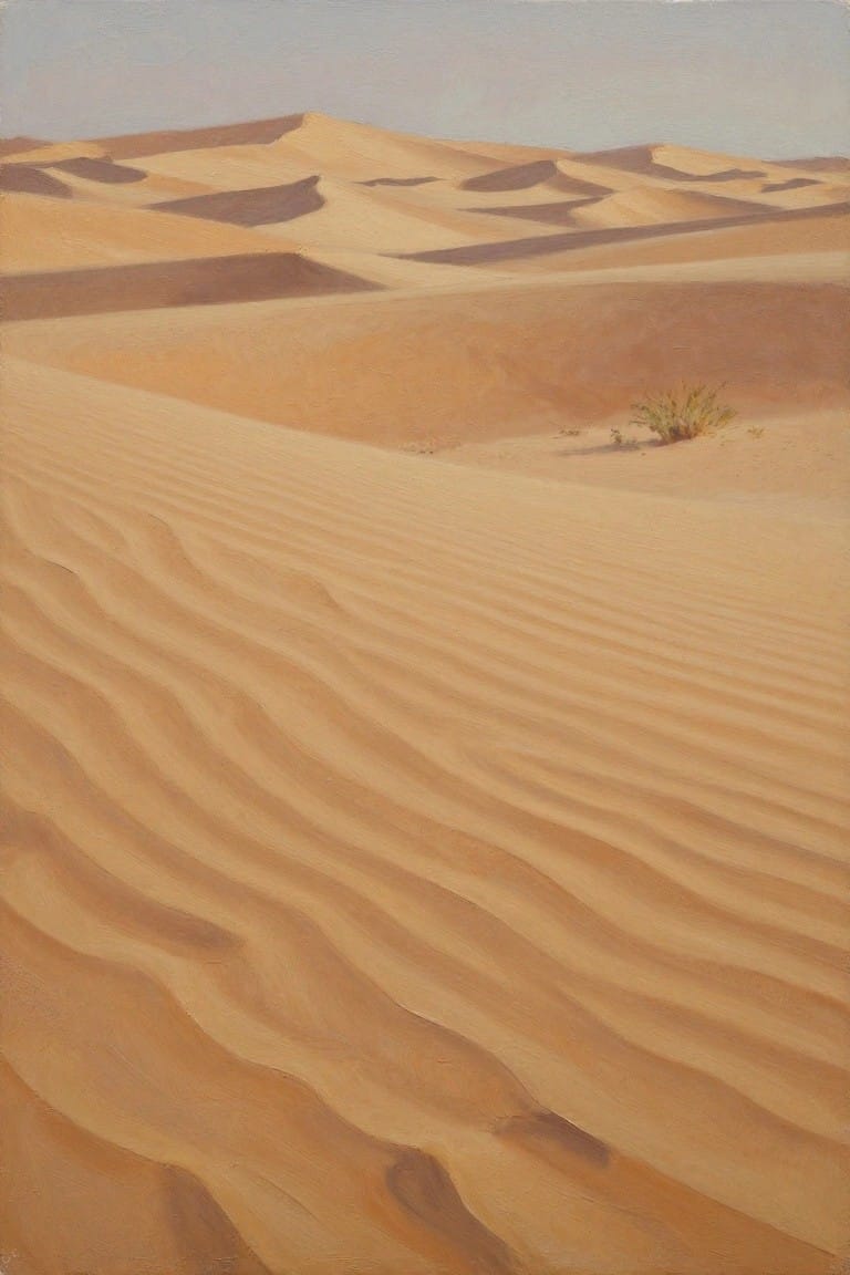 Rolling beige sand dunes with rippled foreground, shadows, and sparse vegetation.