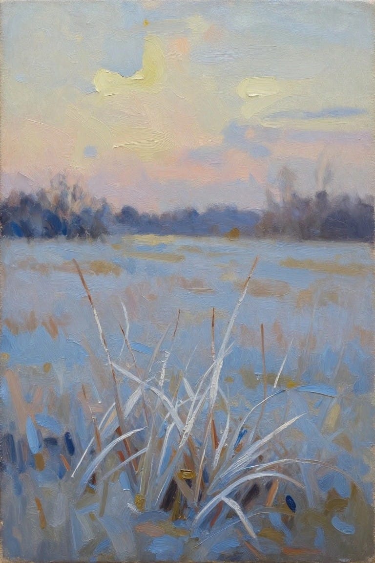 Pastel oil painting of snowy field with tall grasses under pink-blue dawn sky