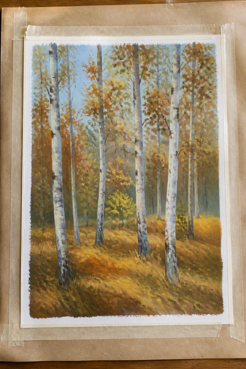 Birch trees with white trunks amid golden autumn foliage in a forest painting