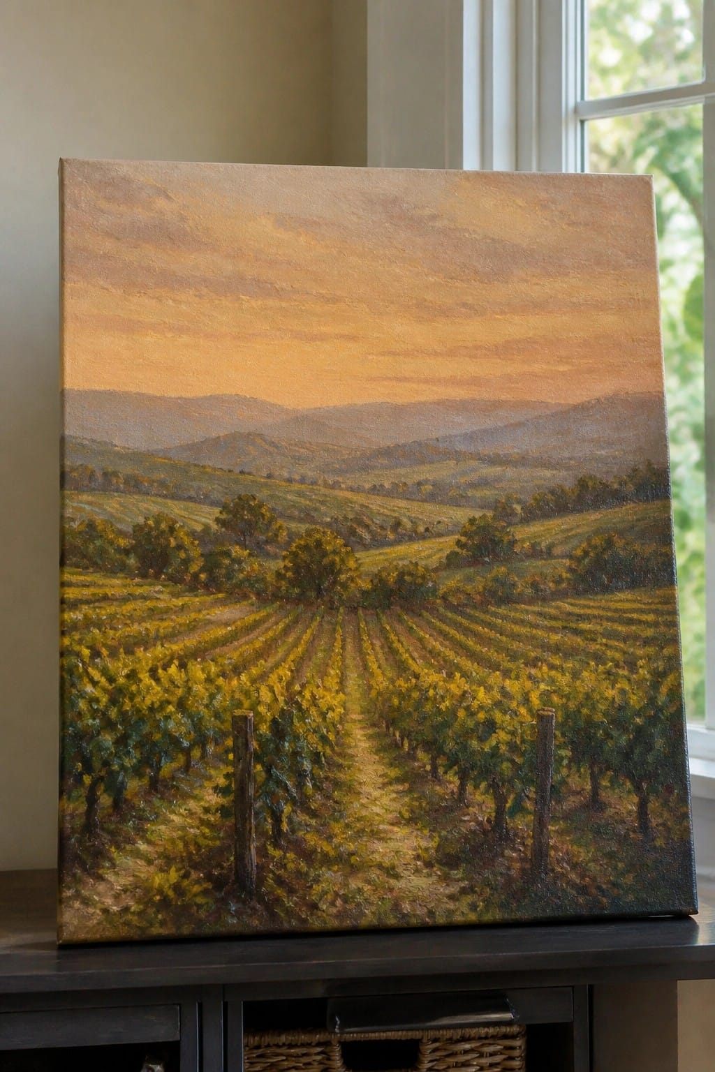 Oil painting of vineyard rows at sunset with rolling hills and orange sky