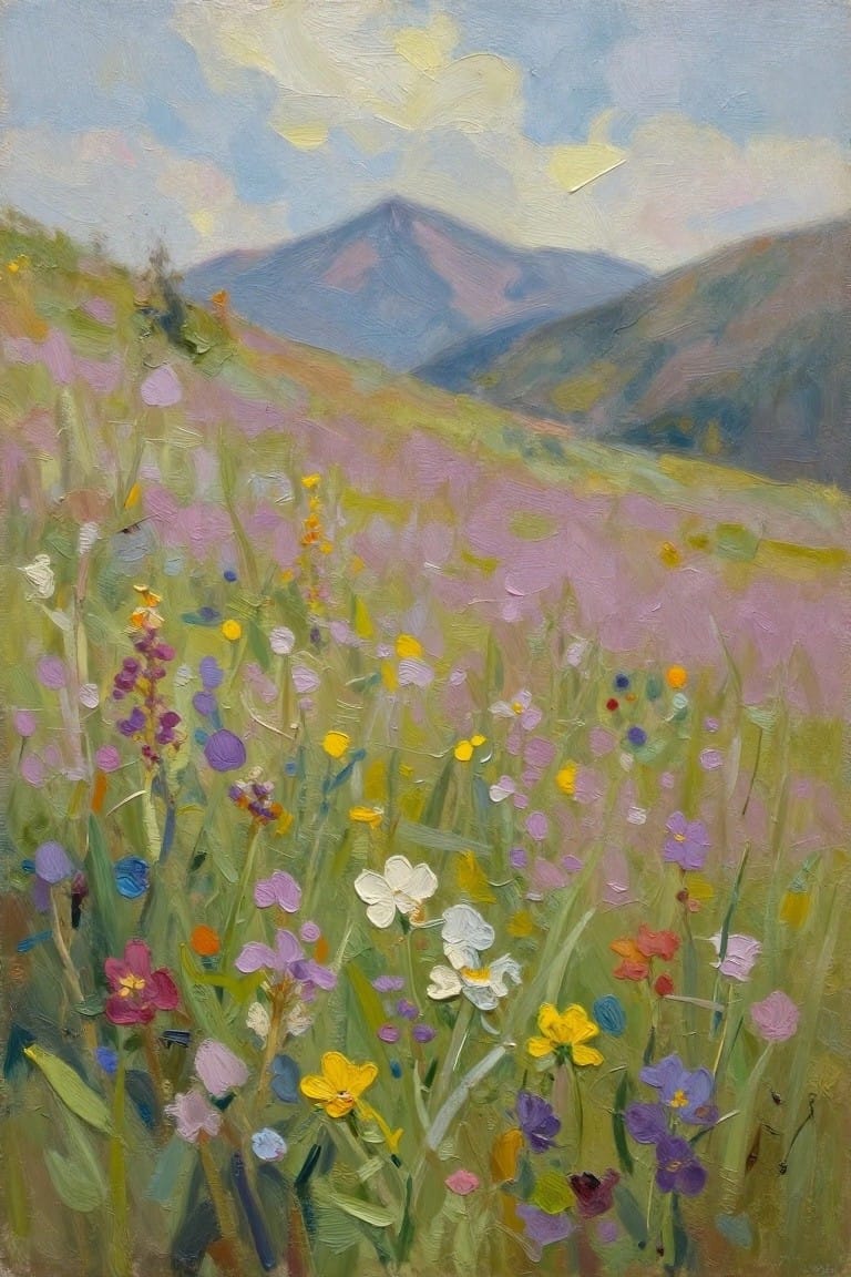 An oil painting of a colorful wildflower meadow in the foreground with rolling hills and mountains in the background under a cloudy sky.