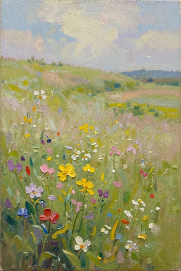 Vibrant wildflowers fill a green meadow with rolling hills under cloudy skies