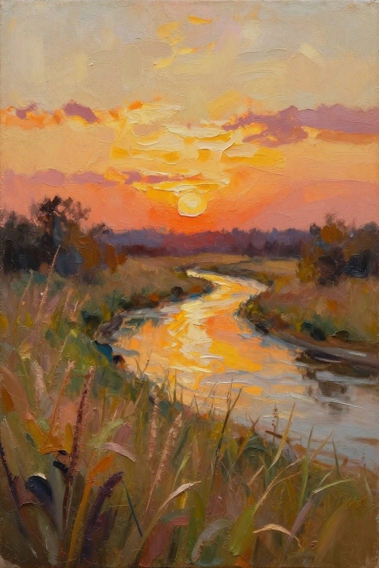 Loose oil painting of a winding river reflecting an orange sunset with grassy foreground and colorful sky.