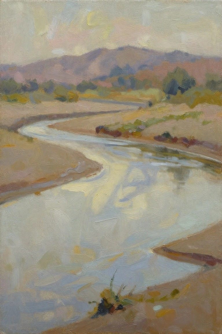 Oil painting of winding river with reflective waters amid soft-colored hills and trees.