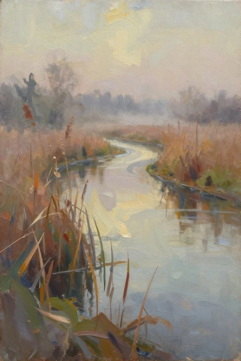 Impressionistic landscape of winding creek through misty autumn reeds at dawn.