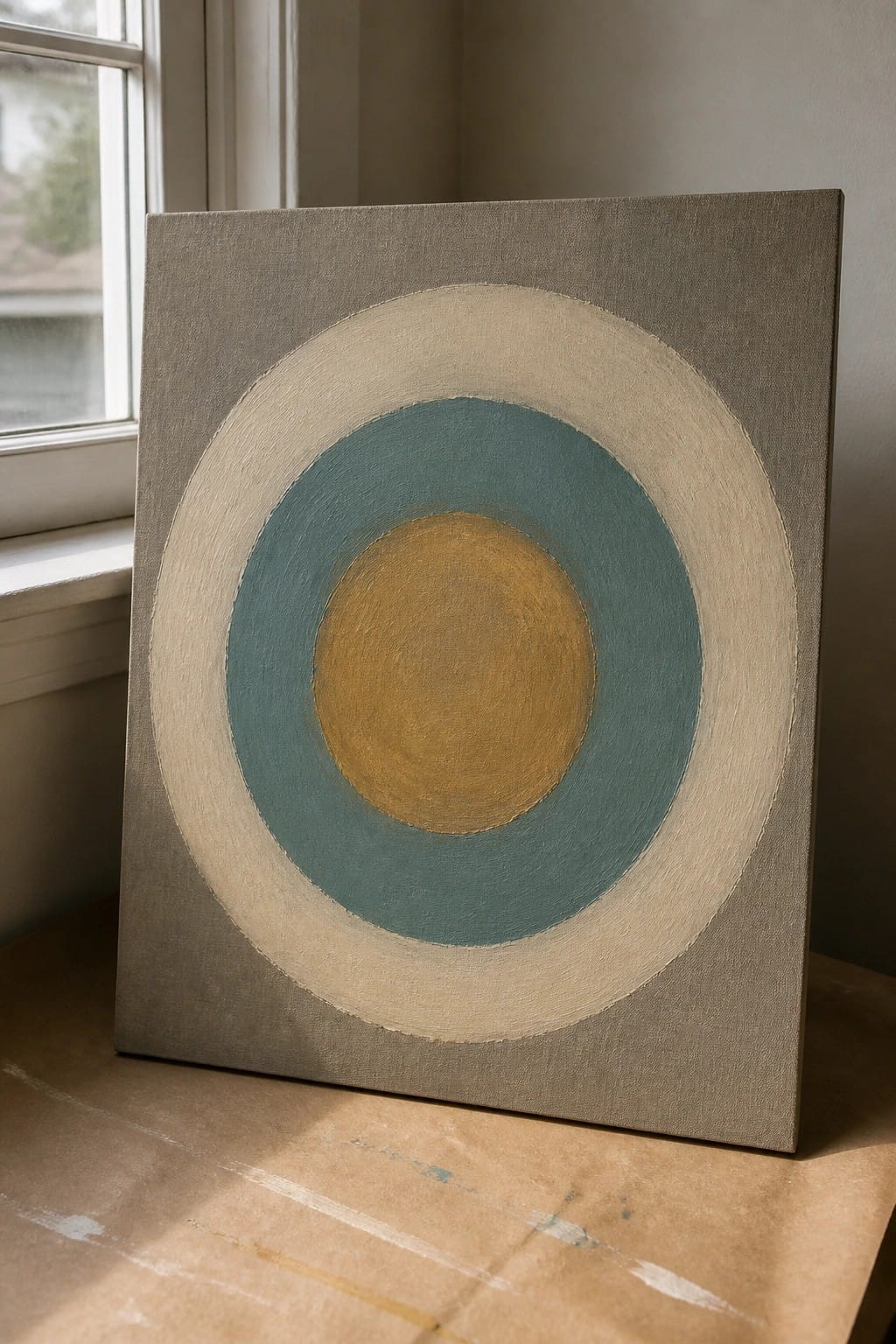 Abstract painting of concentric yellow, teal, and beige circles on gray canvas near window