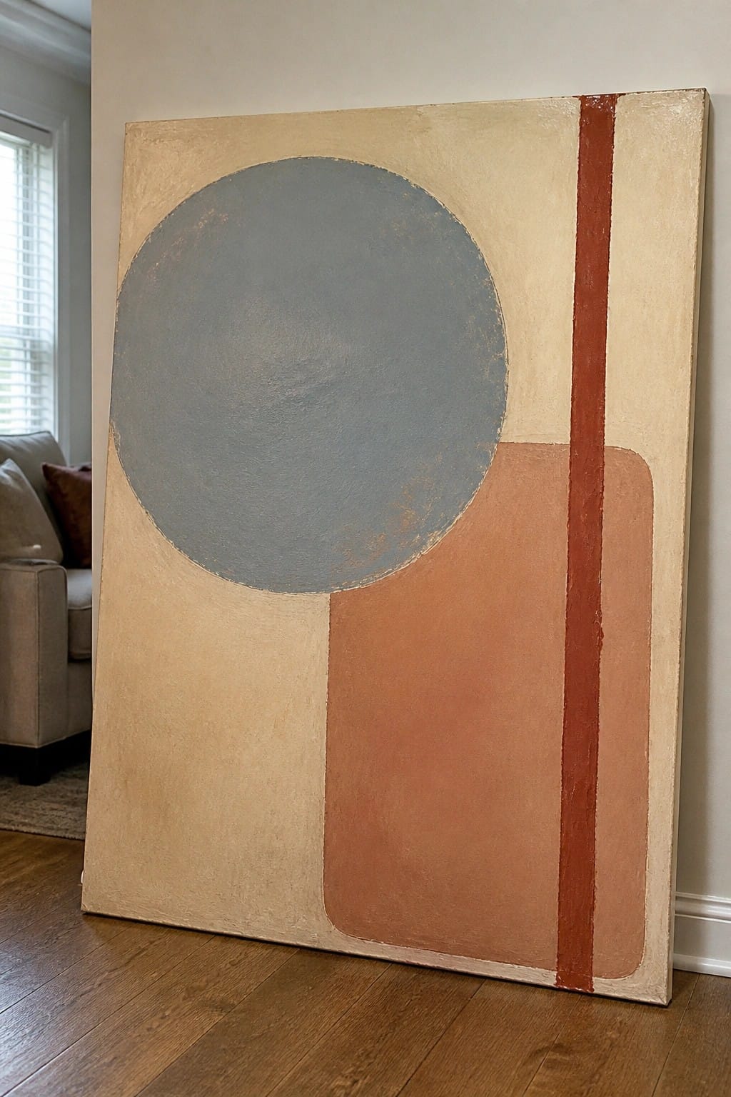 Abstract painting with large gray circle, beige background, terracotta shape, and red vertical stripe