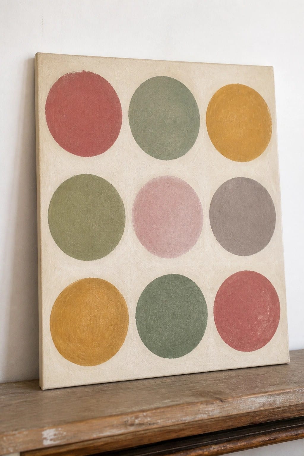 A square canvas with nine colored circles in a three-by-three grid on a beige background, using muted red, green, yellow, pink, and gray tones.