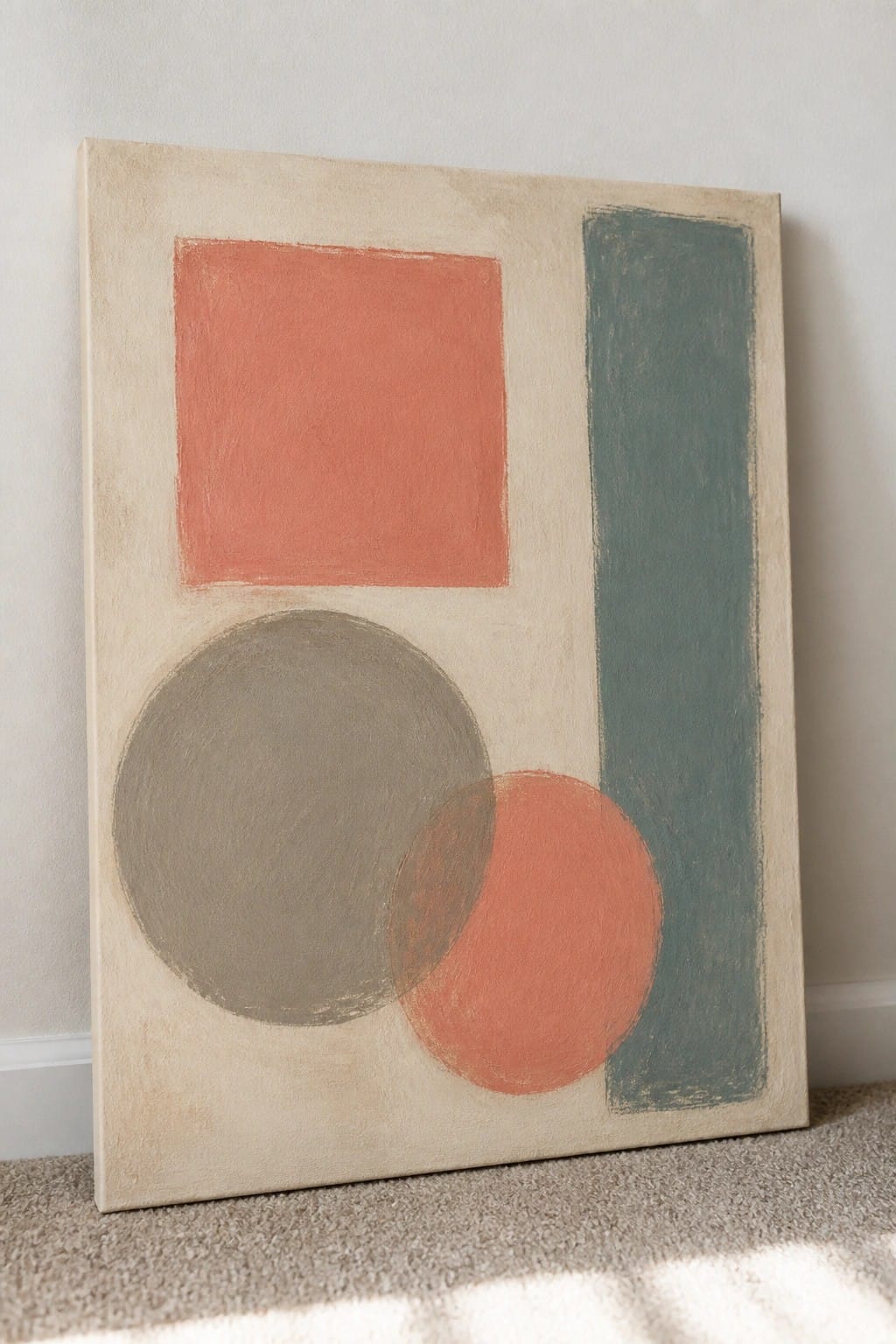 A minimalist abstract oil painting with a coral square, teal vertical rectangle, large gray circle, and smaller coral circle overlapping it on a beige background.