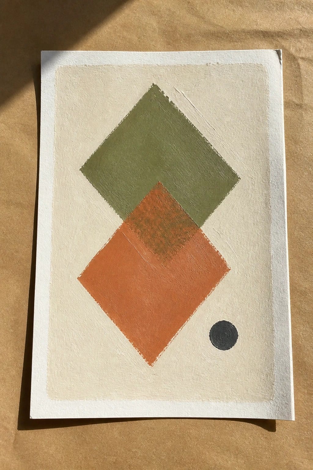 Abstract painting with green and orange diamonds plus small black dot on beige background.