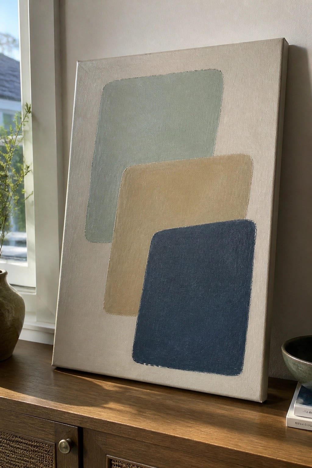 Abstract painting with muted blue, green, and beige rectangles on wooden cabinet