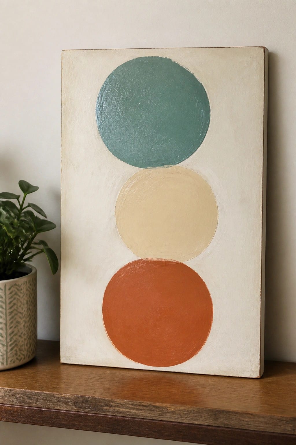 Abstract painting with stacked teal, beige, and orange circles on off-white canvas beside plant