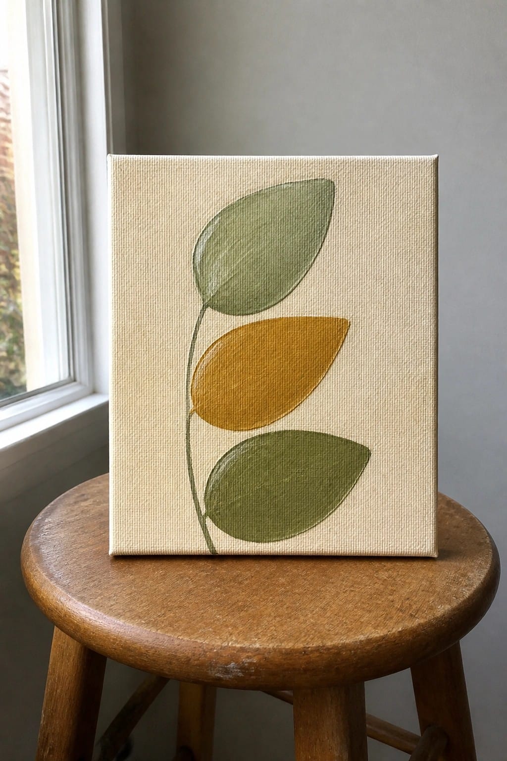 Painting of three green and yellow leaves on beige canvas atop wooden stool.