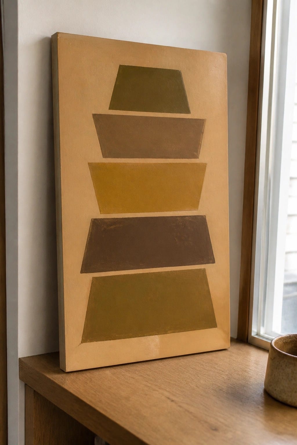 Abstract painting with five stacked geometric shapes in earthy green and brown tones on wood