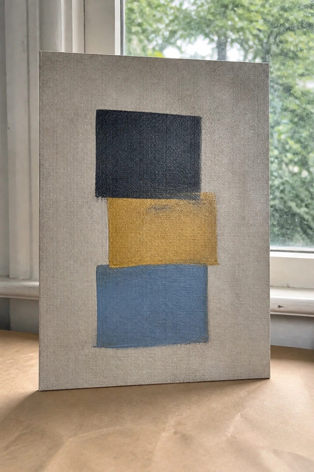 Oil painting featuring three vertically aligned color blocks in black, yellow, and blue on a gray canvas background.