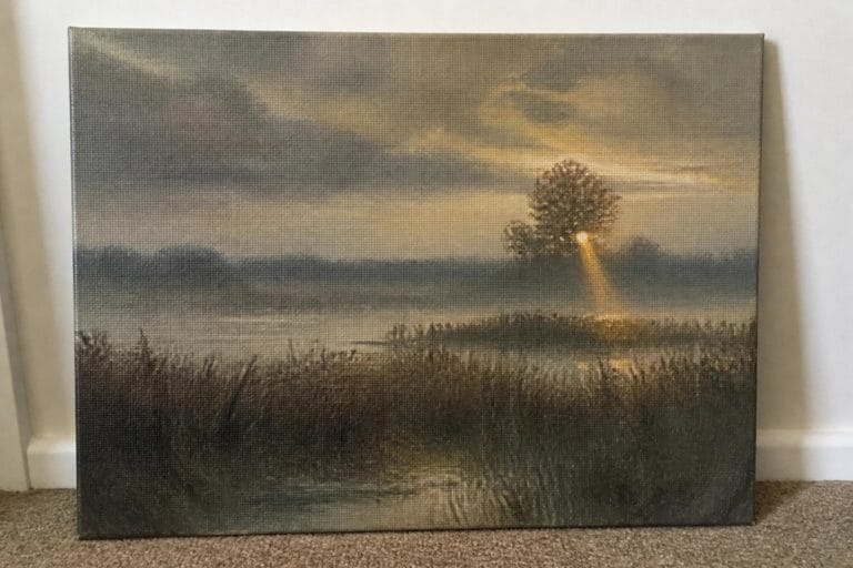 19 Moody Landscape Oil Painting Ideas in Mist, Shadows, and Dramatic Light Misty sunrise painting with golden sun rays reflecting on water near lone tree and grass