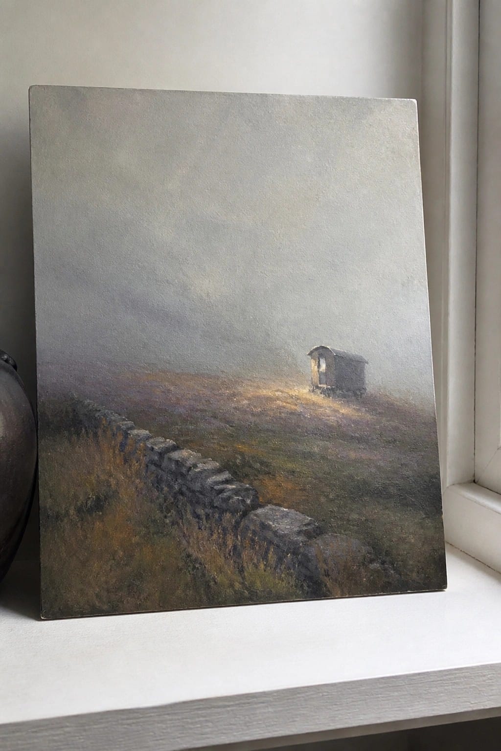 Foggy oil painting of stone wall curving toward solitary hut on misty moor