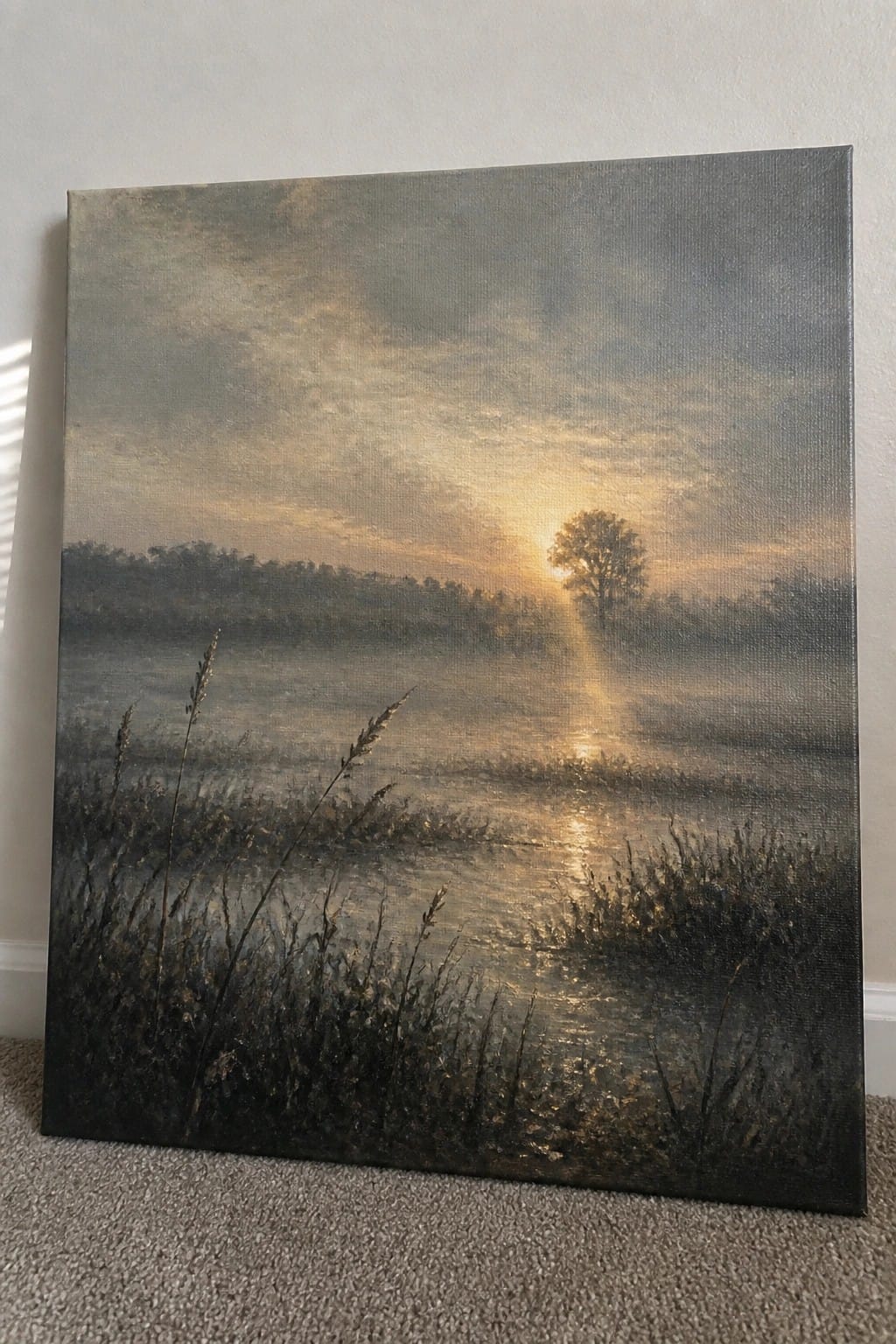 Misty sunrise painting with golden sun rays reflecting on water near lone tree and grass