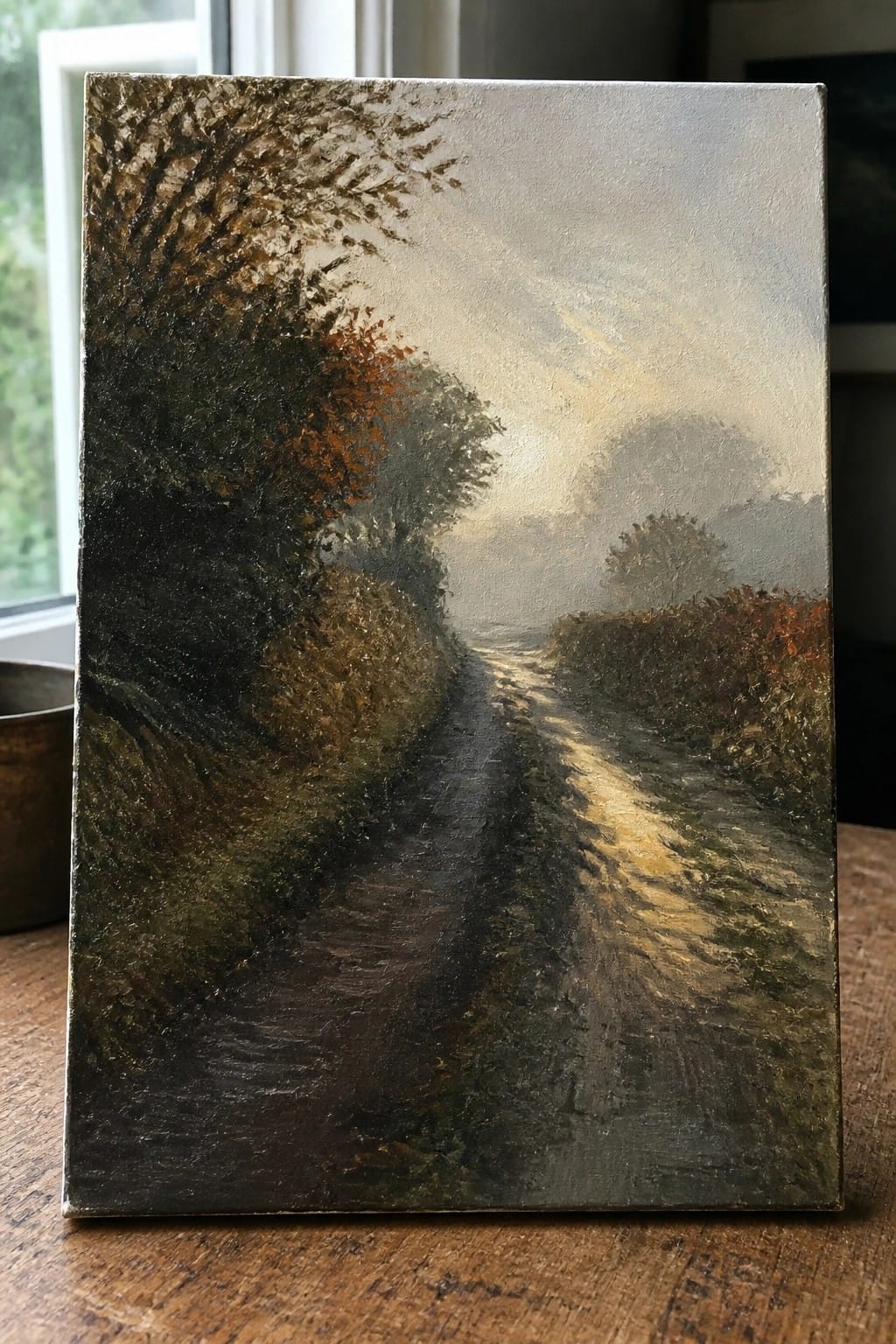 Realistic oil painting of misty path winding through autumn trees at dawn
