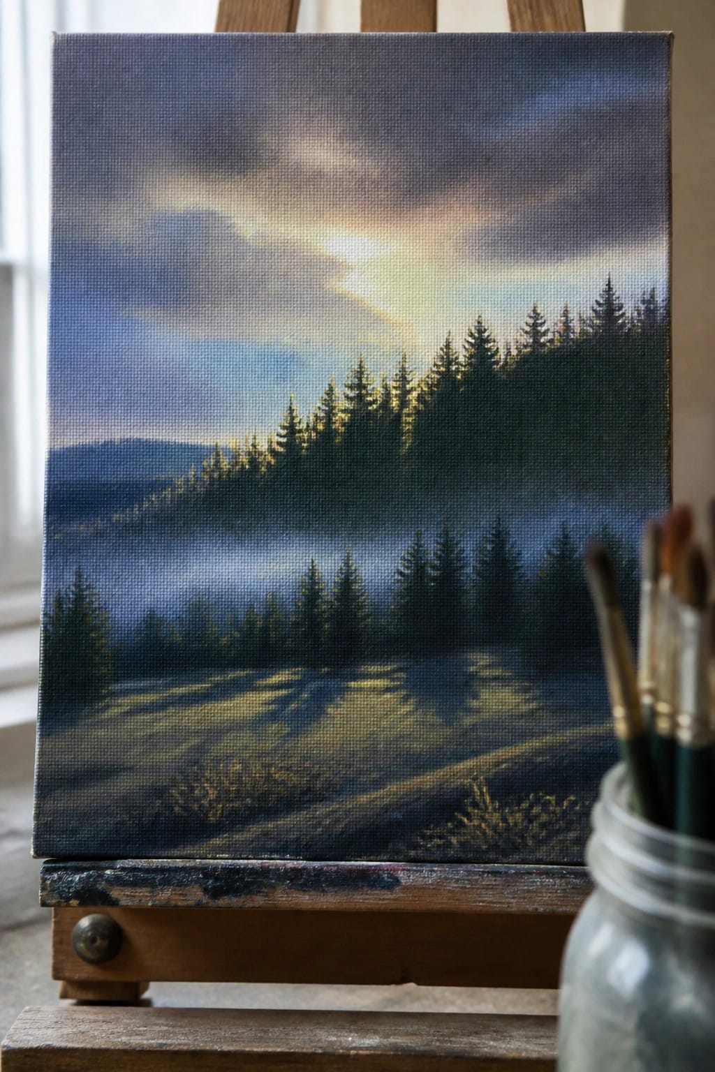 Canvas landscape of misty pine forest at sunrise on easel with brushes