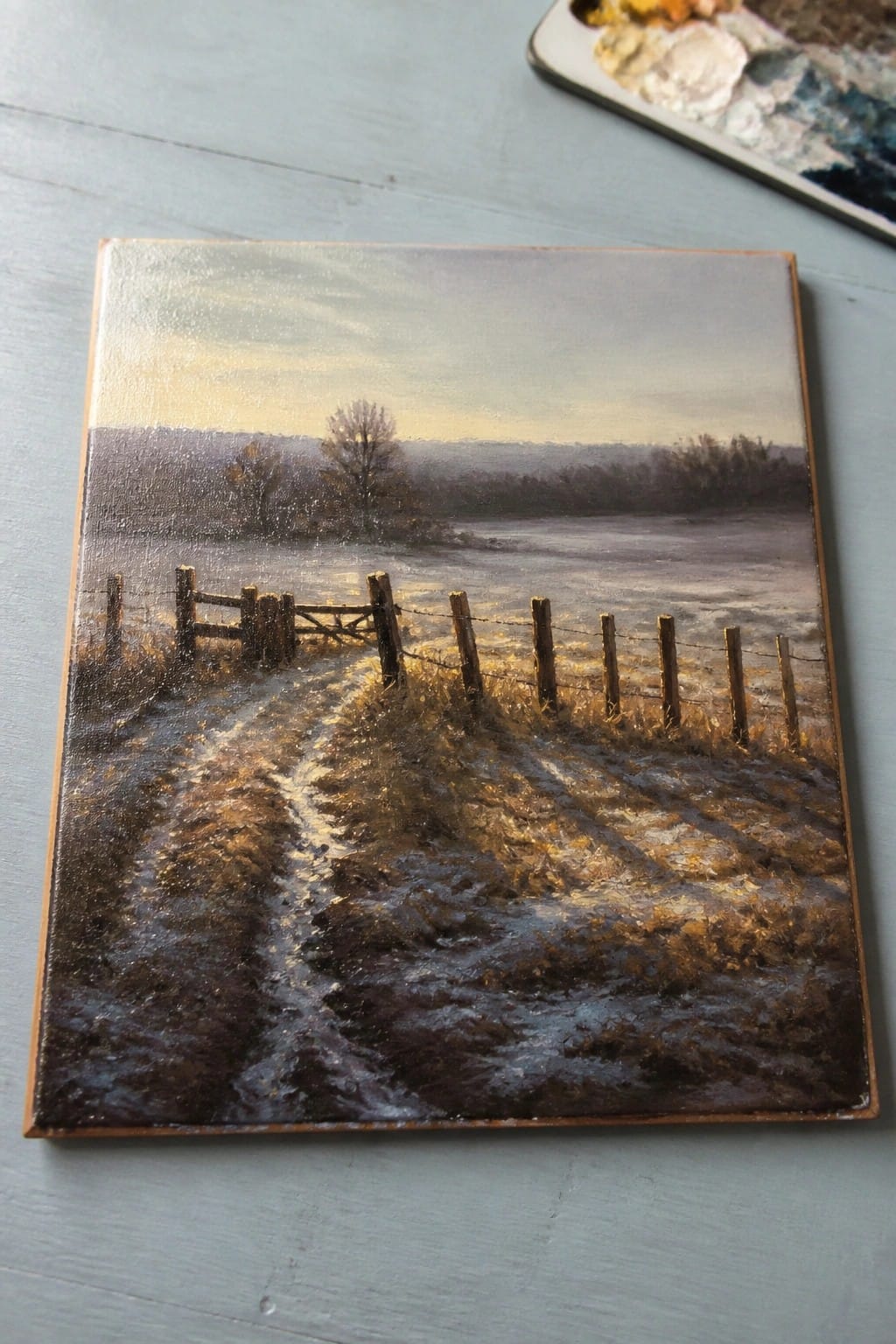 Winter landscape oil painting of frosty path with wooden fence at sunset